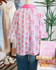 Floral Collared V-Neck Ruffle 3/4 Sleeve Shirt