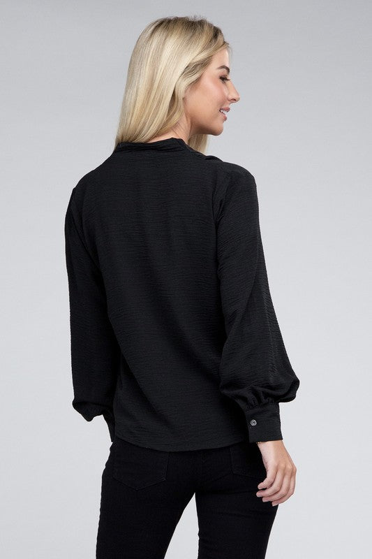 Zenana Woven Airflow V-Neck Long Sleeve Top