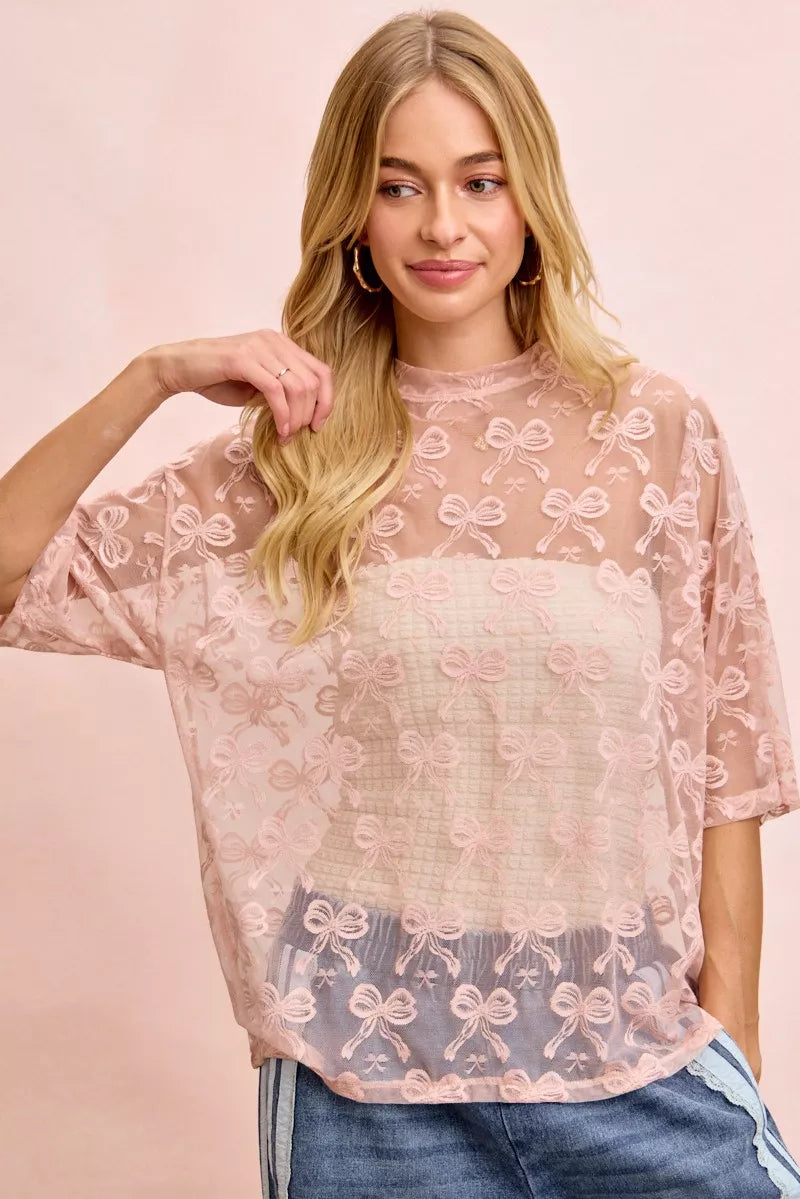 BiBi Bow Pattern Short Sleeves Boxy Mesh Top