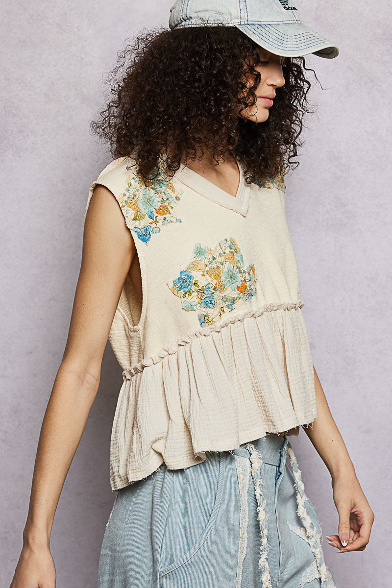 POL Floral Patch Ruffled Sleeveless Top with Raw Edge Detail