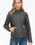 Snobbish Faux Leather Zip Up Mock Neck Jacket