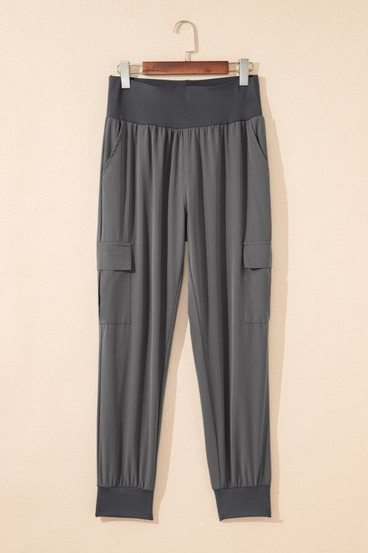 Solid Elastic High Waist Pocketed Cargo Jogger Pan
