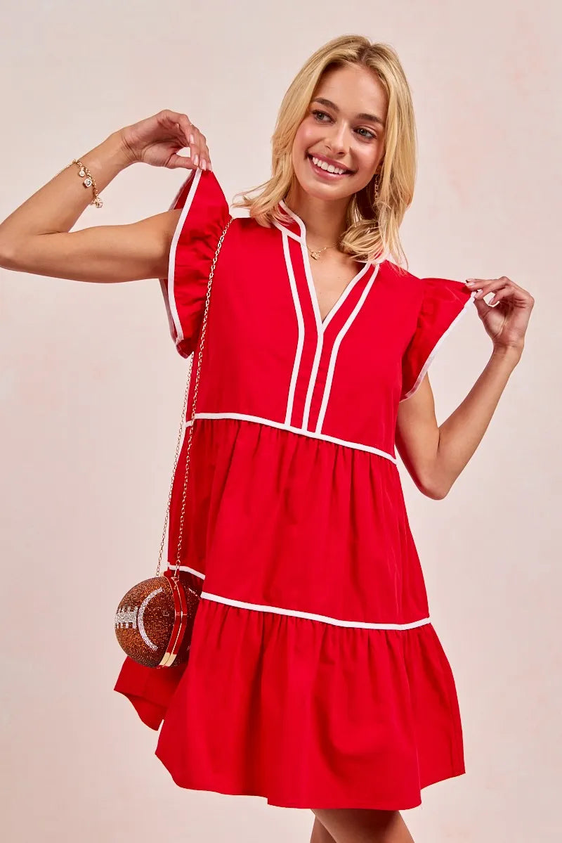 BiBi Gameday Theme Contrast Binding Ruffled Dress
