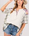 SAGE + FIG Plaid Half Button Gauze Top