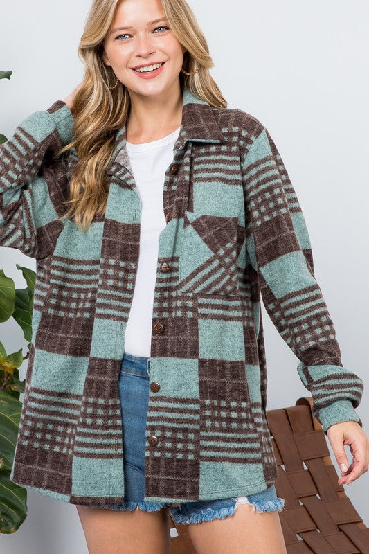 e Luna PLUS Fuzzy Plaid Button Down Shacket