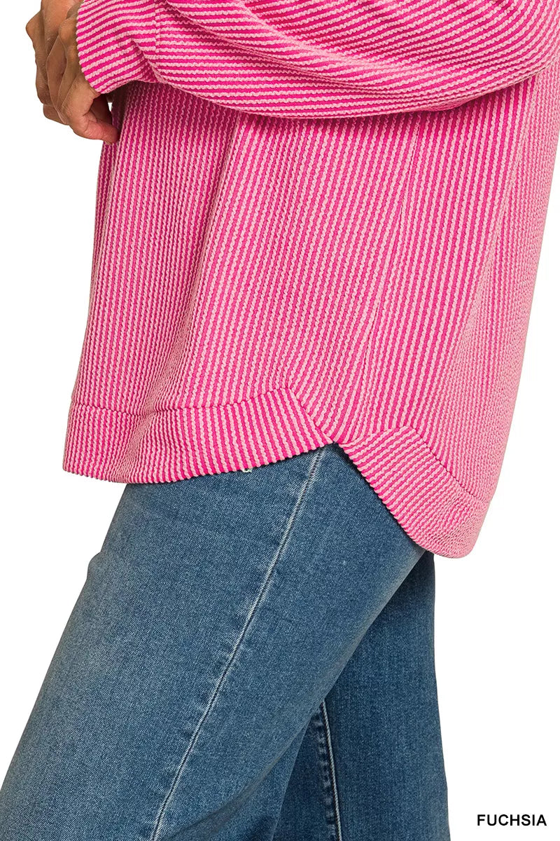 Zenana Full Size Raised Rib Round Neck Long Sleeve Top Plus Size in Fuchsia
