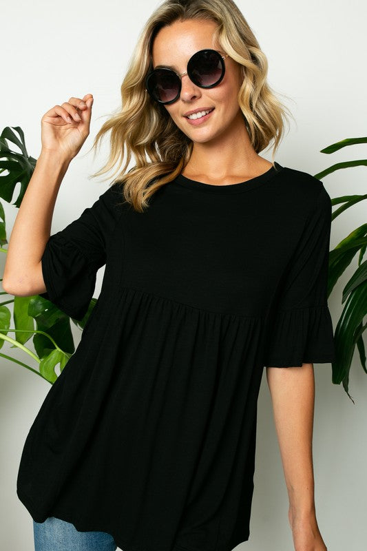 e Luna Solid Ruffle Sleeve Loose Fit Top