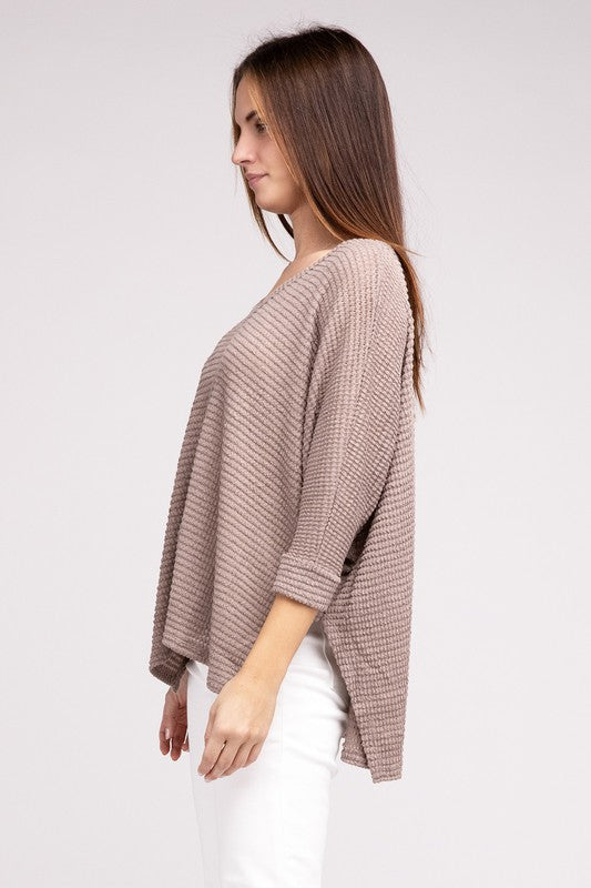 Zenana 3/4 Sleeve V-Neck Hi-Low Hem Jacquard Sweater