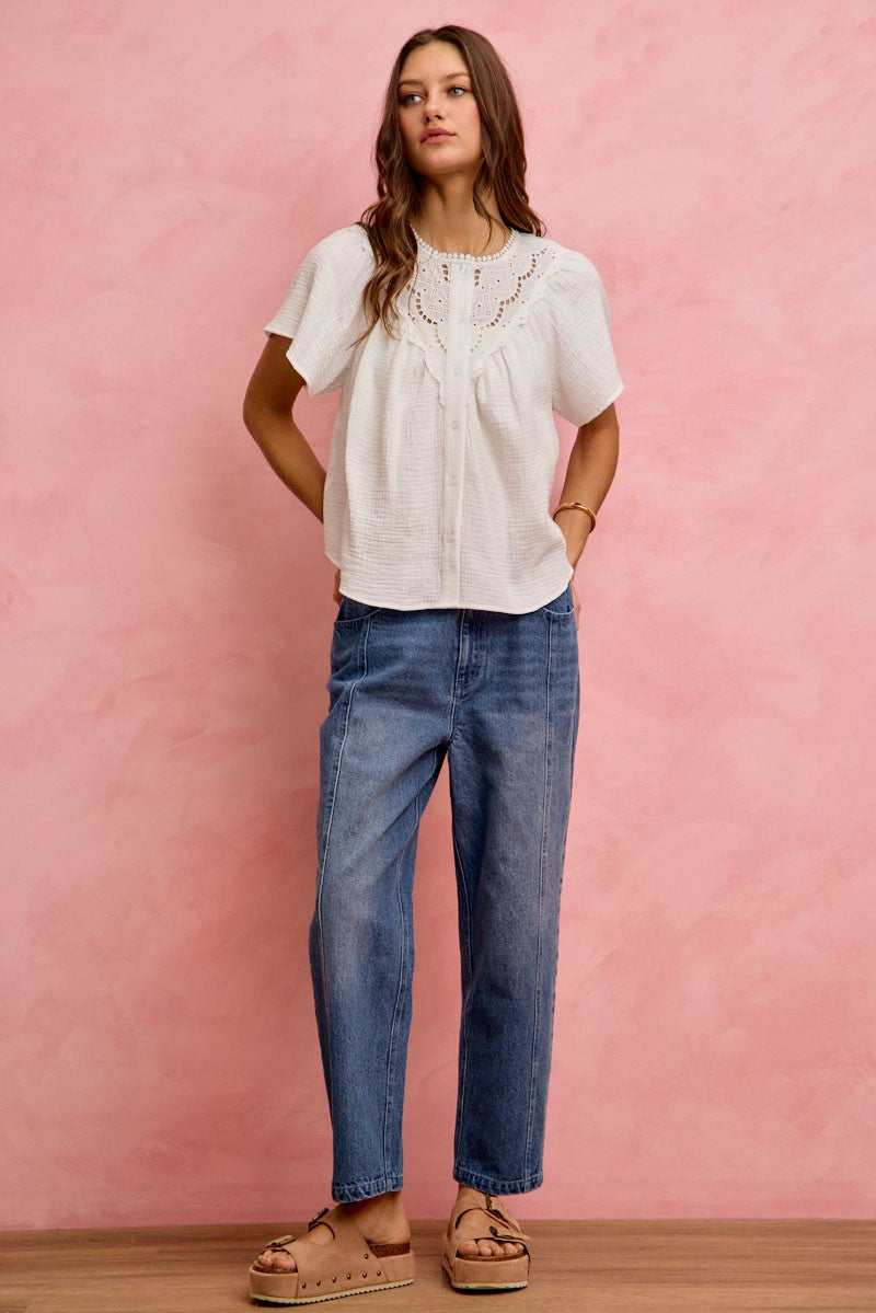 SO ME Cotton Gauze Lace Trim Flutter Sleeves Blouse Top