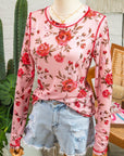 Pink Floral Print Exposed Seam Detail Mesh Long Sleeve Top