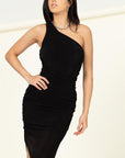 HYFVE Slinky One Shoulder Ruched Asymmetric Hem Dress