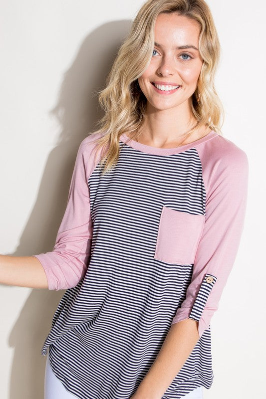 e Luna Striped Solid Roll Up Sleeve Top