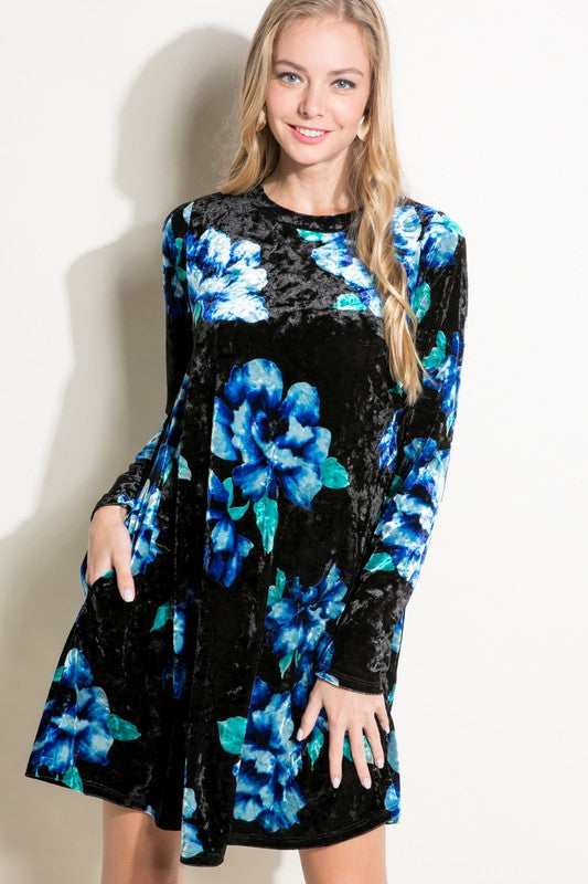 e Luna Floral Print Velvet Swing Mini Dress