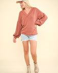 VERY J Two Tone Ribbed V-Neck Exposed Seam Top