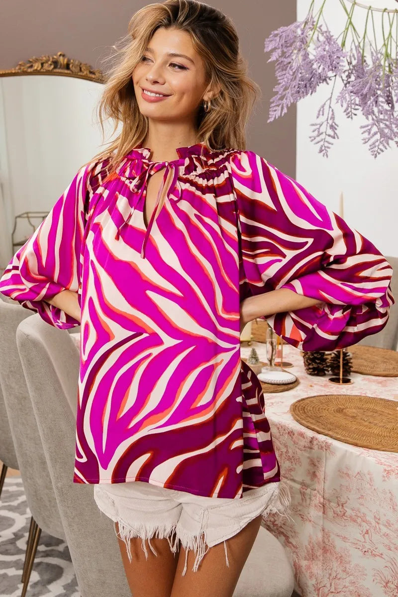 BiBi Tied Neck Half Balloon Sleeve Zebra Satin Top