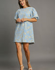 Umgee Floral Jacquard Puff Sleeve Mini Dress