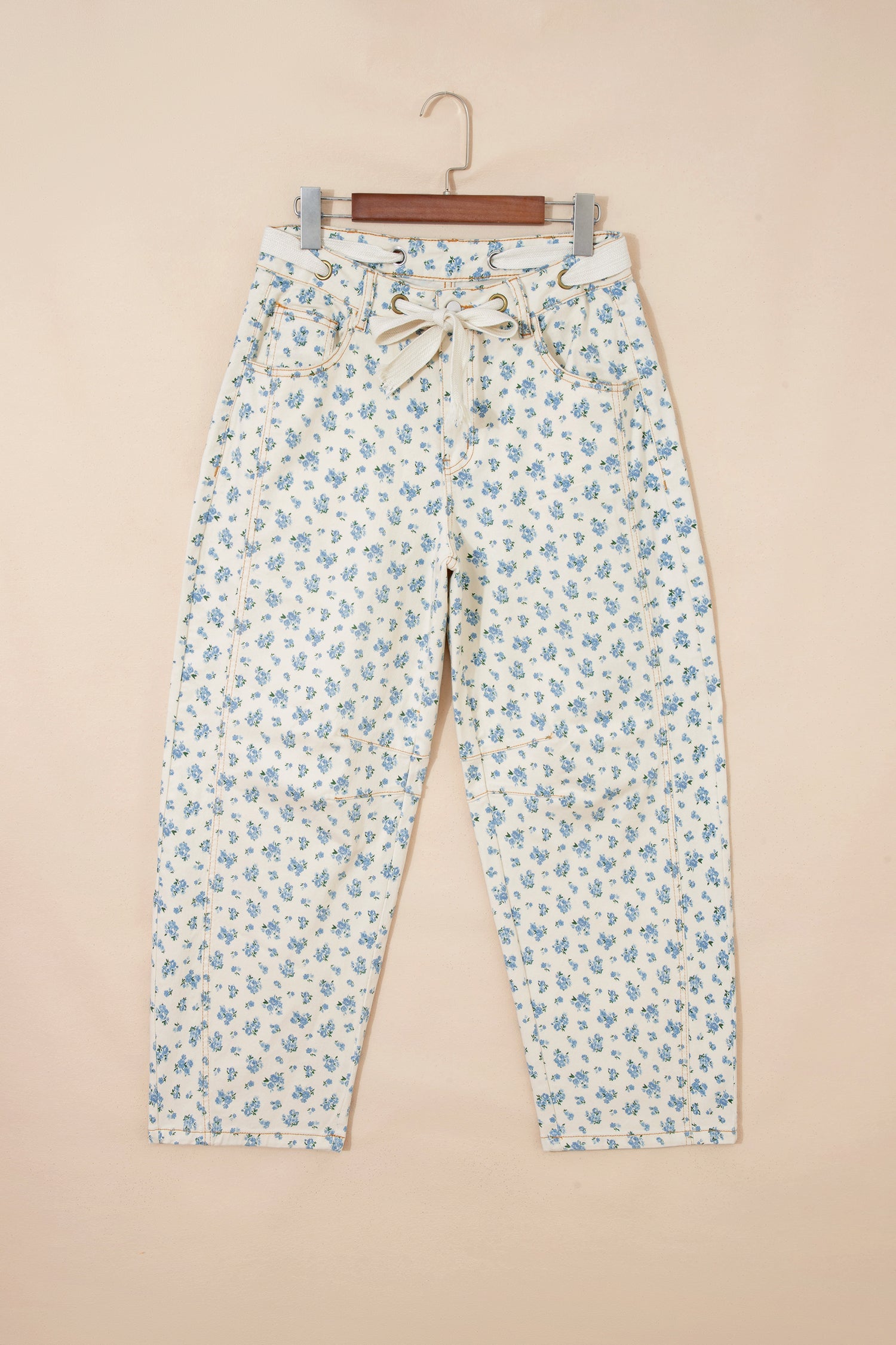 Floral Grommet Knot Waist Barrel Leg Jeans