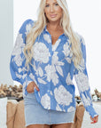 Floral Button-Up Pleated Puff Sleeve Shirt