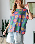 HOPELY Full Size Floral Round Neck Side Slit T-Shirt