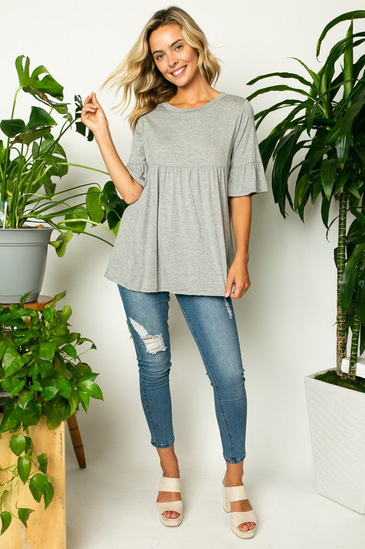 e Luna PLUS Solid Ruffled Sleeve Loose Top