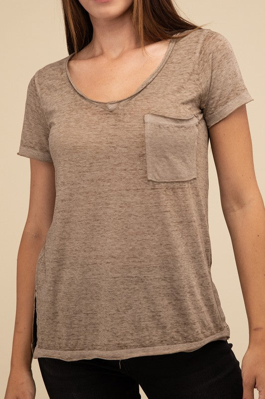 ZENANA Washed Melange Burnout Scoop V-Neck Top