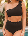 Women Black Solid Scalloped One-Shoulder Bikini