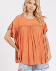 Mittoshop Mineral Washed Round Neck Ruffle Sleeve Blouse