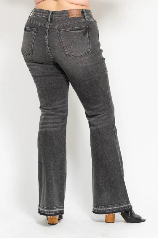 Judy Blue Full Size Midi Rise Tummy Control Washed Gray Release Hem Flare Jeans Plus Size
