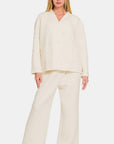 Zenana Quilted Button Up Long Sleeve Top and Pants Lounge Set