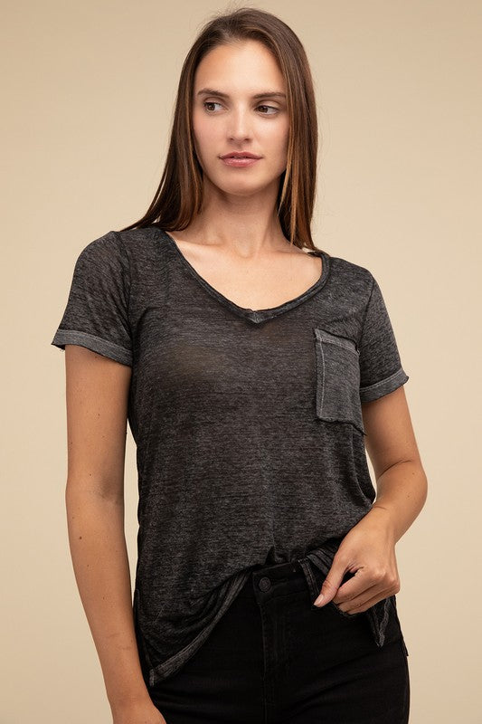 ZENANA Washed Melange Burnout Scoop V-Neck Top