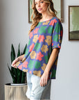 HOPELY Full Size Floral Round Neck Side Slit T-Shirt