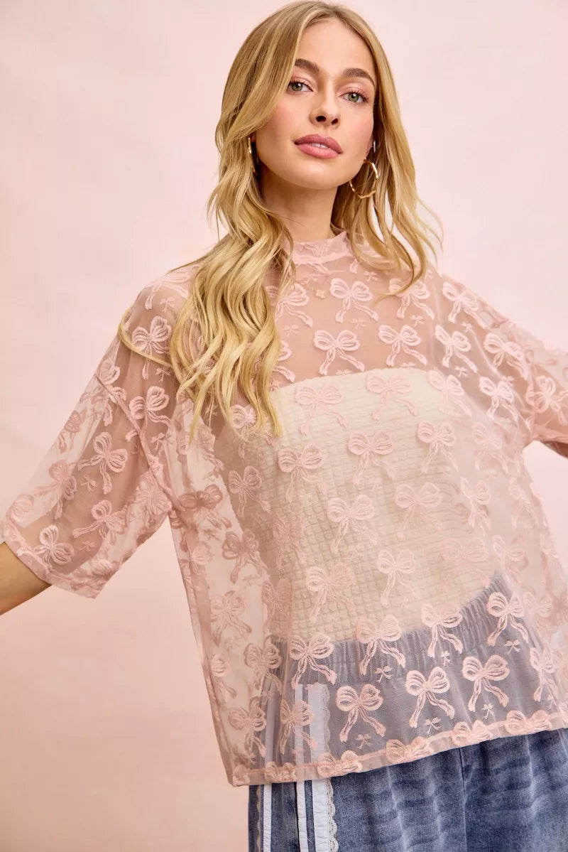 BiBi Bow Pattern Short Sleeves Boxy Mesh Top