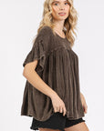 Mittoshop Mineral Washed Round Neck Ruffle Sleeve Blouse