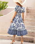 Women Short Sleeve V Neck Floral Maxi Dress