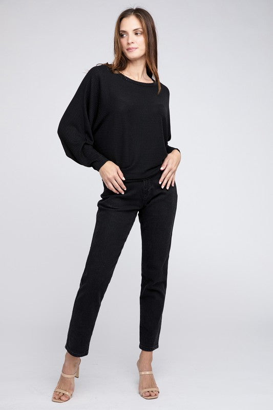 Zenana Ribbed Batwing Long Sleeve Boat Neck Sweater