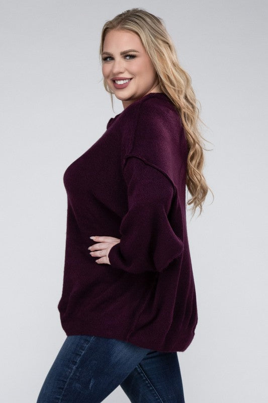 Zenana Plus Oversized Round Neck Raw Seam Melange Sweater