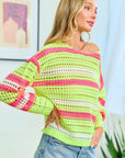 First Love Striped Long Sleeve Openwork Knit Top