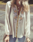 Floral Embroidered Textured Puff Sleeve Shirt