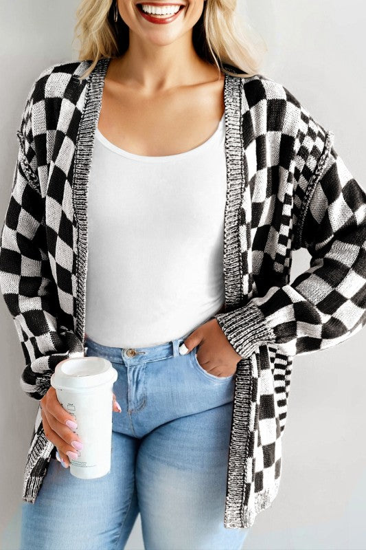 Plus Size Checker Drop Shoulder Open Front Cardigan