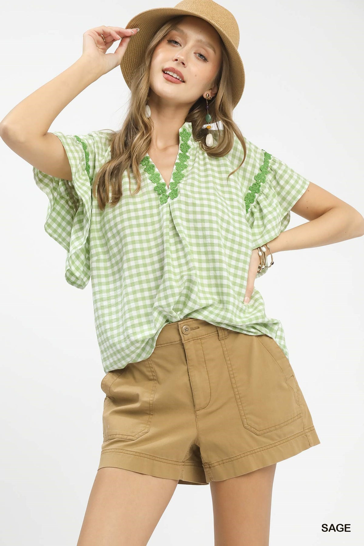 Umgee Gingham Lace Trim Top in Sage