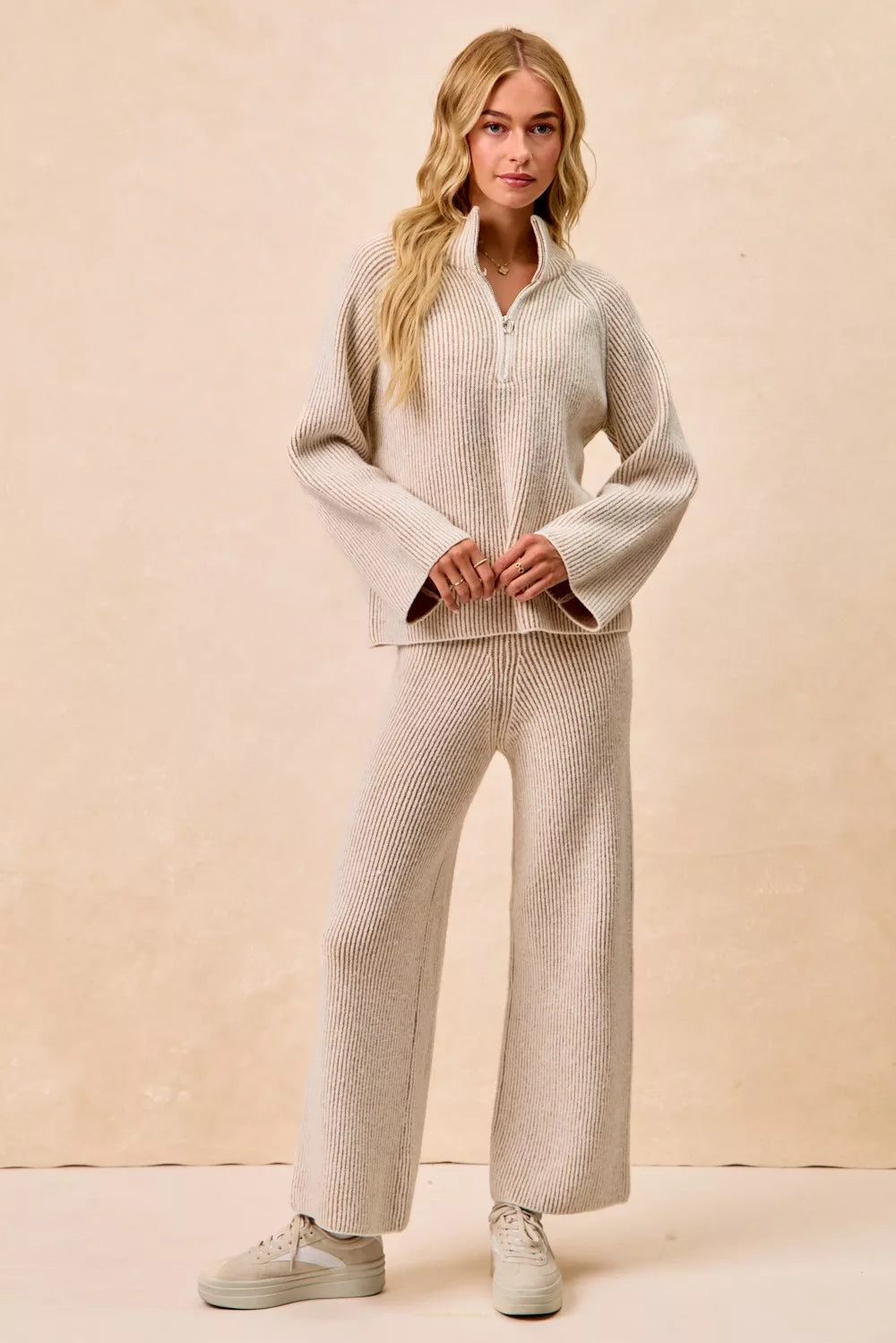 BiBi Two Tone Rib Texured Knit Collared Top with Zip Up