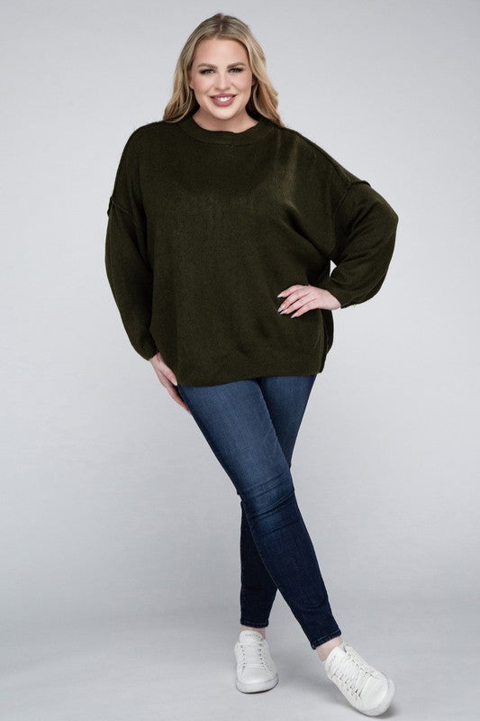 Zenana Plus Oversized Round Neck Raw Seam Melange Sweater