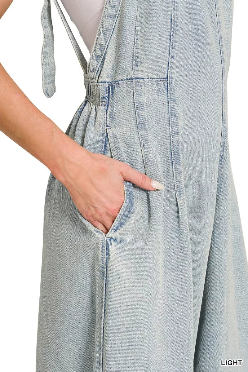 Zenana Denim Light Washed Wide Leg Overalls