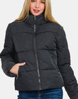 Zenana Zip Up Turtleneck Puffer Jacket with Pockets