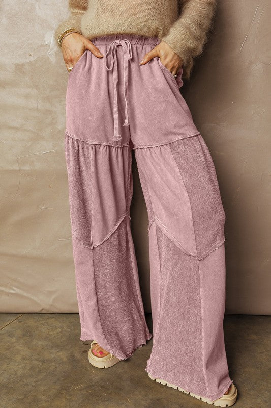 Mineral Wash Patchwork Tiered Wide Leg Pants