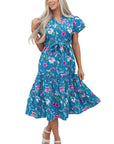 Floral Flutter Sleeve Tie Neck Belted Midi Dress