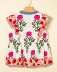 Floral Tie-Neck Stripe Detail Flutter Sleeve Blouse