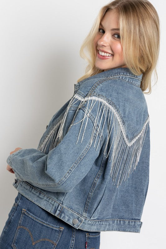 Cropped Denim Jacket with Rhinestone Fringe