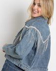 Cropped Denim Jacket with Rhinestone Fringe