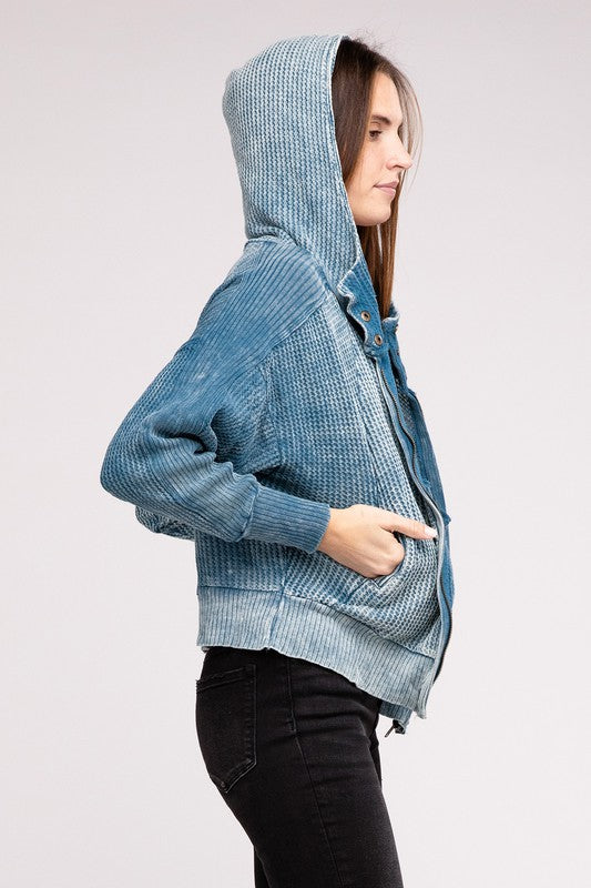 Zenana Acid Wash Cotton Waffle Hooded Zip-Up Jacket